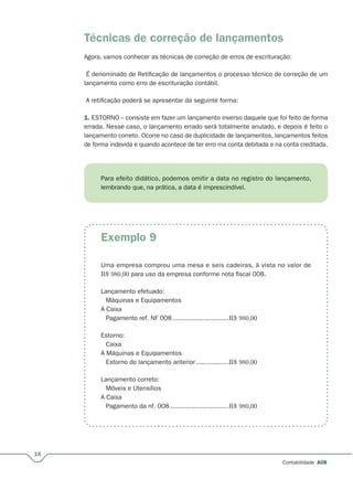 16
Contabilidade A08
Técnicas de correção de lançamentos
Agora, vamos conhecer as técnicas de correção de erros de escrituração:
É denominado de Retificação de lançamentos o processo técnico de correção de um
lançamento como erro de escrituração contábil.
A retificação poderá se apresentar da seguinte forma:
1. ESTORNO – consiste em fazer um lançamento inverso daquele que foi feito de forma
errada. Nesse caso, o lançamento errado será totalmente anulado, e depois é feito o
lançamento correto. Ocorre no caso de duplicidade de lançamentos, lançamentos feitos
de forma indevida e quando acontece de ter erro ma conta debitada e na conta creditada.
Uma empresa comprou uma mesa e seis cadeiras, à vista no valor de
R$ 980,00 para uso da empresa conforme nota fiscal 008.
Lançamento efetuado:
Máquinas e Equipamentos
A Caixa
Pagamento ref. NF 008.............................R$ 980,00
Estorno:
Caixa
A Máquinas e Equipamentos
Estorno do lançamento anterior.................r R$ 980,00
Lançamento correto:
Móveis e Utensílios
A Caixa
Pagamento da nf. 008 ..............................R$ 980,00
Para efeito didático, podemos omitir a data no registro do lançamento,
lembrando que, na prática, a data é imprescindível.
Exemplo 9
 