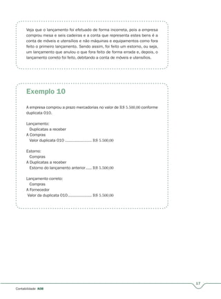 17
Contabilidade A08
Exemplo 10
Veja que o lançamento foi efetuado de forma incorreta, pois a empresa
comprou mesa e seis cadeiras e a conta que representa estes bens é a
conta de móveis e utensílios e não máquinas e equipamentos como fora
feito o primeiro lançamento. Sendo assim, foi feito um estorno, ou seja,
um lançamento que anulou o que fora feito de forma errada e, depois, o
lançamento correto foi feito, debitando a conta de móveis e utensílios.
A empresa comprou a prazo mercadorias no valor de R$ 5.500,00 conforme
duplicata 010.
Lançamento:
Duplicatas a receber
A Compras
Valor duplicata 010 ...................... R$ 5.500,00
Estorno:
Compras
A Duplicatas a receber
Estorno do lançamento anterior.....r R$ 5.500,00
Lançamento correto:
Compras
A Fornecedor
Valor da duplicata 010.................... R$ 5.500,00
 