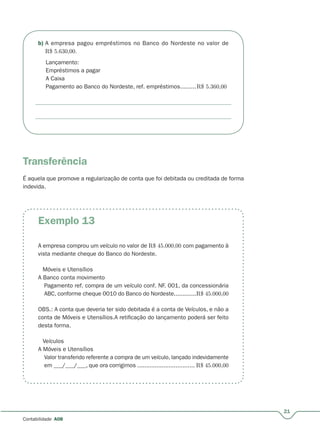 21
Contabilidade A08
b) A empresa pagou empréstimos no Banco do Nordeste no valor de
R$ 5.630,00.
Lançamento:
Empréstimos a pagar
A Caixa
Pagamento ao Banco do Nordeste, ref. empréstimos.........R$ 5.360,00
Transferência
É aquela que promove a regularização de conta que foi debitada ou creditada de forma
indevida.
Exemplo 13
A empresa comprou um veículo no valor de R$ 45.000,00 com pagamento à
vista mediante cheque do Banco do Nordeste.
Móveis e Utensílios
A Banco conta movimento
Pagamento ref. compra de um veículo conf. NF. 001, da concessionária
ABC, conforme cheque 0010 do Banco do Nordeste.............R$ 45.000,00
OBS.: A conta que deveria ter sido debitada é a conta de Veículos, e não a
conta de Móveis e Utensílios.A retificação do lançamento poderá ser feito
desta forma.
Veículos
A Móveis e Utensílios
Valor transferido referente a compra de um veículo, lançado indevidamente
em ___/___/___, que ora corrigimos ................................. R$ 45.000,00
 