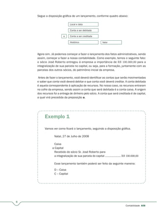 6
Contabilidade A08
Segue a disposição gráfica de um lançamento, conforme quadro abaixo:
Vamos ver como ficará o lançamento, seguindo a disposição gráfica.
Natal, 27 de Julho de 2008
Caixa
a Capital
Recebido do sócio Sr. José Roberto para
a integralização de sua parcela do capital ................... R$ 100.000,00
Esse lançamento também poderá ser feito da seguinte maneira:
D – Caixa
C – Capital
Local e data
Conta a ser debitada
Conta a ser creditada
Histórico
a
Valor
Agora sim. Já podemos começar a fazer o lançamento dos fatos administrativos, sendo
assim, começar a fazer a nossa contabilidade. Como exemplo, temos o seguinte fato:
o sócio José Roberto entregou à empresa a importância de R$ 100.000,00 para a
integralização de sua parcela no capital, ou seja, para a formação, juntamente com as
parcelas dos outros sócios, do patrimônio inicial da empresa.
Antes de fazer o lançamento, você deverá identificar as contas que serão movimentadas
e saber que conta você deverá debitar e que conta você deverá creditar. A conta debitada
é aquela correspondente à aplicação de recursos. No nosso caso, os recursos entraram
no cofre da empresa, sendo assim a conta que será debitada é a conta caixa. A origem
dos recursos foi a entrega de dinheiro pelo sócio. A conta que será creditada é de capital,
a qual virá precedida da preposição a.
Exemplo 1
 