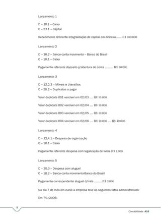 8
Contabilidade A10
Lançamento 1
D – 10.1 – Caixa
C – 23.1 – Capital
Recebimento referente integralização de capital em dinheiro....... R$ 100.000
Lançamento 2
D – 10.2 – Banco conta movimento – Banco do Brasil
C – 10.1 – Caixa
Pagamento referente deposito p/abertura de conta .......... R$ 30.000
Lançamento 3
D – 12.2.3 – Móveis e Utensílios
C – 20.2 – Duplicatas a pagar
Valor duplicata 001 vencível em 02/03 .... R$ 10.000
Valor duplicata 002 vencível em 02/04 .... R$ 10.000
Valor duplicata 003 vencível em 02/05 .... R$ 10.000
Valor duplicata 004 vencível em 02/06 .... R$ 10.000 .... R$ 40.000
Lançamento 4
D – 12.4.1 – Despesa de organização
C – 10.1 – Caixa
Pagamento referente despesa com legalização de livros R$ 7.000
Lançamento 5
D – 30.3 – Despesa com aluguel
C – 10.2 – Banco conta movimento-Banco do Brasil
Pagamento correspondente aluguel d/mês ..........R$ 3.000
No dia 7 do mês em curso a empresa teve os seguintes fatos administrativos:
Em 7/1/2006:
 