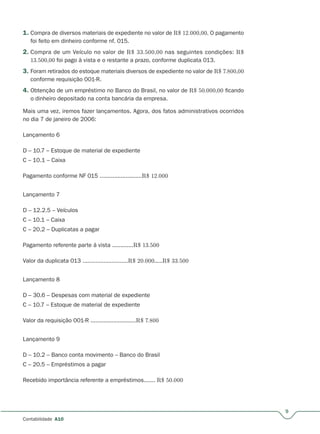 9
Contabilidade A10
1. Compra de diversos materiais de expediente no valor de R$ 12.000,00. O pagamento
foi feito em dinheiro conforme nf. 015.
2. Compra de um Veículo no valor de R$ 33.500,00 nas seguintes condições: R$
13.500,00 foi pago à vista e o restante a prazo, conforme duplicata 013.
3. Foram retirados do estoque materiais diversos de expediente no valor de R$ 7.800,00
conforme requisição 001-R.
4. Obtenção de um empréstimo no Banco do Brasil, no valor de R$ 50.000,00 ficando
o dinheiro depositado na conta bancária da empresa.
Mais uma vez, iremos fazer lançamentos. Agora, dos fatos administrativos ocorridos
no dia 7 de janeiro de 2006:
Lançamento 6
D – 10.7 – Estoque de material de expediente
C – 10.1 – Caixa
Pagamento conforme NF 015 ..........................R$ 12.000
Lançamento 7
D – 12.2.5 – Veículos
C – 10.1 – Caixa
C – 20.2 – Duplicatas a pagar
Pagamento referente parte à vista .............R$ 13.500
Valor da duplicata 013 ............................R$ 20.000.....R$ 33.500
Lançamento 8
D – 30.6 – Despesas com material de expediente
C – 10.7 – Estoque de material de expediente
Valor da requisição 001-R ............................R$ 7.800
Lançamento 9
D – 10.2 – Banco conta movimento – Banco do Brasil
C – 20.5 – Empréstimos a pagar
Recebido importância referente a empréstimos....... R$ 50.000
 