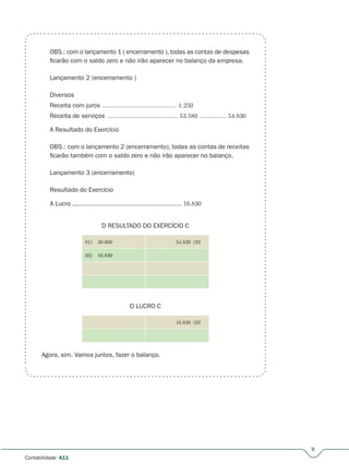 9
Contabilidade A11
OBS.: com o lançamento 1 ( encerramento ), todas as contas de despesas
ficarão com o saldo zero e não irão aparecer no balanço da empresa.
Lançamento 2 (encerramento )
Diversos
Receita com juros .......................................... 1.250
Receita de serviços ........................................ 53.580 ............... 54.830
A Resultado do Exercício
OBS.: com o lançamento 2 (encerramento), todas as contas de receitas
ficarão também com o saldo zero e não irão aparecer no balanço.
Lançamento 3 (encerramento)
Resultado do Exercício
A Lucro ......................................................... 16.830
D RESULTADO DO EXERCÍCIO C
01) 38.000 54.830 (02
03) 16.830
D LUCRO C
16.830 (03
Agora, sim. Vamos juntos, fazer o balanço.
 
