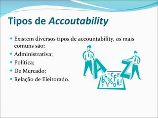 Tipos de  Accoutability Existem diversos tipos de accountability , a s mais comuns são:  Administrativa; Política; De Mercado; Relação de Eleitorado. 