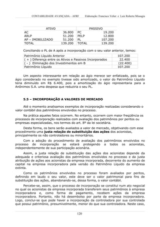 CONTABILIDADE AVANÇADA – AFRF       Elaboração: Francisco Velter e Luiz Roberto Missagia



                  ATIVO                          PASSIVO
     AC                       36.800    PC                   19.200
     ARLP                     51.200    PELP                 12.800
     AP – IMOBILIZADO         51.200    PL                  107.200
     TOTAL                   139.200    TOTAL               139.200

     Conciliando o PL de A após a incorporação com o seu valor anterior, temos:
     Patrimônio Líquido Anterior                                          107.200
     ( + ) Diferença entre os Ativos e Passivos Incorporados               22.400
     ( - ) Eliminação dos Investimentos em B                              (22.400)
     Patrimônio Líquido                                                   107.200


      Um aspecto interessante em relação ao ágio merece ser enfatizado, pois se o
ágio considerado no exemplo tivesse sido amortizado, o valor do Patrimônio Líquido
teria diminuído em R$ 6.400, pois a amortização do ágio representaria para a
Anônimos S.A. uma despesa que reduziria o seu PL.



     5.5 – INCORPORAÇÃO A VALORES DE MERCADO

      Até o momento analisamos exemplos de incorporação realizadas considerando o
valor contábil dos patrimônios envolvidos no processo.
     Na prática aqueles fatos ocorrem. No entanto, ocorrem com maior freqüência os
processos de incorporação realizados com avaliação dos patrimônios por peritos ou
empresas especializadas, nos termos do art. 8º da lei societária.
      Desta forma, os bens serão avaliados a valor de mercado, objetivando com esse
procedimento uma justa relação de substituição das ações dos acionistas,
principalmente os não controladores ou minoritários.
     Com a adoção do procedimento de avaliação dos patrimônios envolvidos no
processo de incorporação se estará protegendo a todos os acionistas,
independentemente de sua participação acionária.
      Assim, a justa relação de substituição das ações dos acionistas depende da
adequada e criteriosa avaliação dos patrimônios envolvidos no processo e da justa
atribuição de ações aos acionistas da empresa incorporada, decorrente do aumento de
capital na empresa incorporadora pela versão do Patrimônio Líquido da empresa
extinta.
      Como os patrimônios envolvidos no processo foram avaliados por peritos,
definindo em laudo o seu valor, este deve ser o valor patrimonial para fins de
substituição das ações, abandonando-se, dessa forma, o valor contábil.
     Percebe-se, assim, que o processo de incorporação se constitui num ato negocial
no qual os acionistas da empresa incorporada transferem seus patrimônios à empresa
incorporadora e, como forma de pagamento, recebem ações da empresa
incorporadora. Portanto, não há desembolso por parte da empresa incorporadora.
Logo, conclui-se que pode haver a incorporação da controladora por sua controlada
que possui patrimônio, presumivelmente, menor do que sua controladora. Neste caso,


                                        120
 