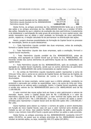 CONTABILIDADE AVANÇADA – AFRF        Elaboração: Francisco Velter e Luiz Roberto Missagia




                                                               R$                       %
 Patrimônio Liquido Ajustado de Cia. ABASLARGAS           1.225.000,00                  67,06
 Patrimônio Liquido Ajustado de Cia. BONSNEGÓCIOS           601.677,00                  32,94
 Patrimônio Líquido Total                               1.826.677,00                     100
     Desta forma, os antigos acionistas da Cia. BONSNEGÓCIOS farão jus a 32,94%
das ações e os antigos acionistas da Cia. ABASLARGAS farão jus a receber 67,06%
das ações. Ressalte-se que o objetivo da avaliação dos dois patrimônios é exatamente
o de estabelecer a participação de cada grupo de acionistas no novo capital social, não
sendo necessário que se adote o valor avaliado na formação do novo patrimônio,
porém, repete-se, a relação calculada há de permanecer na distribuição das ações.
     Assim, surgem diversas possibilidades de formação do Capital Social no processo
de reavaliação, dentre as quais destacamos:
     1 – Todo Patrimônio Líquido contábil das duas empresas, antes da avaliação,
formará o Capital Social resultante;
     2 - Todo Patrimônio Líquido das duas empresas, após a avaliação, formará o
Capital Social resultante;
      3 - Todo Patrimônio Líquido contábil da Cia. BONSNEGÓCIOS, antes da
avaliação, será agregado ao Capital Social que já havia na Cia. ABASLARGAS, não
havendo versão dos outros elementos do patrimônio líquido da Cia. ABASLARGAS ao
capital social;
      4 - Todo Patrimônio Líquido da Cia. BONSNEGÓCIOS, após da avaliação, será
agregado ao Capital Social resultante, sendo que os outros elementos do patrimônio
líquido da Cia. ABASLARGAS não serão incorporados ao capital social;
      5 – As contas do Patrimônio Líquido resultante podem representar a soma de
linha por linha, isto é, soma-se os valores de Capital Social, de Reservas de Capital, de
Reservas de Reavaliação, de Reservas de Lucros e de Lucros ou Prejuízos
Acumulados.
     Seguindo no nosso exemplo, vamos supor que o           critério adotado, constante no
protocolo e aprovado por ambas as assembléias, seja         o da soma de linha por linha,
considerando-se os valores após a avaliação. Assim, o       Capital Social resultante, após
a versão dos valores da Cia. BONSNEGÓCIOS para a            Cia. ABASLARGAS será de R$
1.100.000,00.
     O valor nominal das novas ações terá por base o valor patrimonial a valores de
mercado. Assim, como o Capital Social será de R$ 1.100.000,00 e o valor do
Patrimônio Líquido será de R$ 1.826.677,00, o valor nominal das ações será de R$
1,66 (R$ 1.826.677,00 / R$ 1.100.000,00). Com isso, o número de ações a serem
emitidas para representar o Capital Social será de 662.650 ações (R$ 1.100.000,00 /
R$ 1,66).
    Outra hipótese seria dobrar ou triplicar o número de ações a serem distribuídas
em função do novo Capital Social, caso em que o valor nominal seria dividido pela
metade ou por um terço. Isso poderia facilitar a distribuição de ações, pois quanto
menor o seu número mais difícil ficará o ajuste para atribuir as ações a cada acionista.
     Desta forma, os antigos acionistas da Cia. BONSNEGÓCIOS receberão 218.277
ações (32,94%), ao passo que os antigos acionistas da Cia. ABASLARGAS deverão
receber as demais ações, ou seja, receberão 444.373 ações (67,06%).
                                          125
 
