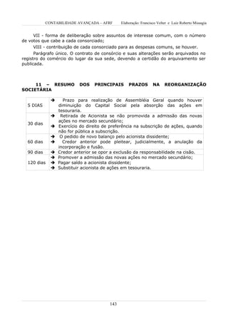 CONTABILIDADE AVANÇADA – AFRF      Elaboração: Francisco Velter e Luiz Roberto Missagia


     VII - forma de deliberação sobre assuntos de interesse comum, com o número
de votos que cabe a cada consorciado;
     VIII - contribuição de cada consorciado para as despesas comuns, se houver.
      Parágrafo único. O contrato de consórcio e suas alterações serão arquivados no
registro do comércio do lugar da sua sede, devendo a certidão do arquivamento ser
publicada.



     11 – RESUMO           DOS    PRINCIPAIS       PRAZOS         NA     REORGANIZAÇÃO
SOCIETÁRIA

                   Prazo para realização de Assembléia Geral quando houver
  5 DIAS          diminuição do Capital Social pela absorção das ações em
                  tesouraria.
                  Retirada de Acionista se não promovida a admissão das novas
                  ações no mercado secundário;
  30 dias
                 Exercício do direito de preferência na subscrição de ações, quando
                  não for pública a subscrição.
                  O pedido de novo balanço pelo acionista dissidente;
  60 dias          Credor anterior pode pleitear, judicialmente, a anulação da
                  incorporação e fusão.
  90 dias        Credor anterior se opor a exclusão da responsabilidade na cisão.
                 Promover a admissão das novas ações no mercado secundário;
  120 dias       Pagar saldo a acionista dissidente;
                 Substituir acionista de ações em tesouraria.




                                         143
 