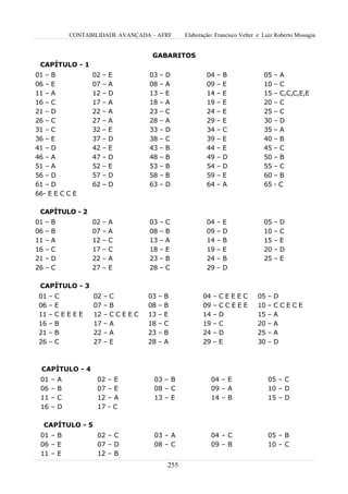 CONTABILIDADE AVANÇADA – AFRF     Elaboração: Francisco Velter e Luiz Roberto Missagia


                                      GABARITOS
 CAPÍTULO - 1
01 – B              02 – E           03 – D             04 – B                 05 – A
06 – E              07 – A           08 – A             09 – E                 10 – C
11 – A              12 – D           13 – E             14 – E                 15 – C,C,C,E,E
16 – C              17 – A           18 – A             19 – E                 20 – C
21 – D              22 – A           23 – C             24 – E                 25 – C
26 – C              27 – A           28 – A             29 – E                 30 – D
31 – C              32 – E           33 – D             34 – C                 35 – A
36 – E              37 – D           38 – C             39 – E                 40 – B
41 – D              42 – E           43 – B             44 – E                 45 – C
46 – A              47 – D           48 – B             49 – D                 50 – B
51 – A              52 – E           53 – B             54 – D                 55 – C
56 – D              57 – D           58 – B             59 – E                 60 – B
61 – D              62 – D           63 – D             64 – A                 65 - C
66- E E C C E

 CAPÍTULO - 2
01 – B              02 – A           03 – C             04 – E                 05 – D
06 – B              07 – A           08 – B             09 – D                 10 – C
11 – A              12 – C           13 – A             14 – B                 15 – E
16 – C              17 – C           18 – E             19 – E                 20 – D
21 – D              22 – A           23 – B             24 – B                 25 – E
26 – C              27 – E           28 – C             29 – D

 CAPÍTULO - 3
 01 – C             02 – C           03 – B            04 – C E E E C        05 – D
 06 – E             07 – B           08 – B            09 – C C E E E        10 – C C E C E
 11 – C E E E E     12 – C C E E C   13 – E            14 – D                15 – A
 16 – B             17 – A           18 – C            19 – C                20 – A
 21 – B             22 – A           23 – B            24 – D                25 – A
 26 – C             27 – E           28 – A            29 – E                30 – D



 CAPÍTULO - 4
 01   –   A          02   –E          03 – B              04 – E                 05 – C
 06   –   B          07   –E          08 – C              09 – A                 10 – D
 11   –   C          12   –A          13 – E              14 – B                 15 – D
 16   –   D          17   -C

  CAPÍTULO - 5
 01 – B              02 – C           03 – A              04 – C                 05 – B
 06 – E              07 – D           08 – C              09 – B                 10 – C
 11 – E              12 – B
                                          255
 