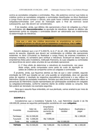 CONTABILIDADE AVANÇADA – AFRF          Elaboração: Francisco Velter e Luiz Roberto Missagia


contra as sociedades coligadas e controladas. Mas, não podemos concluir que todos os
créditos contra as sociedades coligadas e controladas classificadas no Ativo Realizável
a Longo Prazo devam compor o cálculo, pois pode haver créditos operacionais contra
coligadas/controladas com prazo de realização após o final do exercício social
subseqüente, que não devem ser considerados.
      É de ressaltar, ainda, que débitos não operacionais a favor de coligadas ou a favor
de controladas são desconsiderados na apuração da relevância. Apenas os débitos não
operacionais contra as coligadas e controladas devem ser adicionados aos investimentos
na determinação da relevância.

                                        Atenção!!!
        Veja que o valor dos créditos decorrentes de empréstimos ou outros
        direitos só entram no cálculo para se estabelecer a relevância, mas o valor
        contábil do investimento não contempla essas somas.


      Convém destacar que a Lei nº 6.404/76, no § 1° do art. 248, também se manifesta
acerca do assunto, dispondo que devem ser considerados os créditos não operacionais
existentes no Ativo (Circulante ou Realizável a Longo Prazo) da empresa investidora à
empresa investida, no somatório para verificar a relevância. Excetuam-se desta regra os
empréstimos feitos pela investidora, instituição financeira, às suas coligadas ou controladas
em decorrência de serem estes oriundos de sua atividade operacional.
          § 1º Para efeito de determinar a relevância do investimento, nos casos
          deste artigo, serão computados como parte do custo de aquisição os
          saldos de créditos da companhia contra as coligadas e controladas.
      É prudente, ainda, que fiquemos atentos ao fato de que o valor contábil, segundo
orientação da CVM que ressalta ser por uma questão se simplicidade, deve ser apurado
antes de registrar o resultado da respectiva equivalência patrimonial e o seu reflexo no
Patrimônio Líquido da sociedade investidora. Perceba que esta forma de proceder altera os
percentuais do Patrimônio Líquido representados por participações societárias em coligadas
ou coligadas/controladas, conforme estamos diante da análise isolada ou conjunta. Este
fato poderá ser denotado nos exemplos seguintes.
     Para que o assunto fique entendido, em sua plenitude, vamos analisá-lo por meio de
exemplos práticos.


     EXEMPLO 1
      Consideremos que a investidora Tubarão S.A., cujo Patrimônio Líquido é de R$
100.000,00, possua as seguintes participações societárias em suas coligadas:

                                        Empréstimo
                       Valor do         para futuro         Duplicatas a           Duplicatas a
    Investida
                     investimento       aumento de            receber                pagar
                                          capital
    Tambaqui        R$ 10.500,00                                                   R$ 1.500,00
    Tucunaré        R$ 5.000,00         R$ 7.000,00
      Truta         R$ 4.000,00                           R$ 15.000,00
    TOTAIS          R$ 19.500,00        R$ 7.000,00       R$ 15.000,00             R$ 1.500,00

                                            36
 