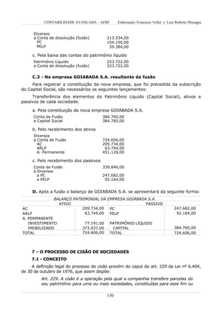 CONTABILIDADE AVANÇADA – AFRF          Elaboração: Francisco Velter e Luiz Roberto Missagia


      Diversos
      a Conta de dissolução (fusão)         213.534,00
        PC                                  154.150,00
        PELP                                 59.384,00

     c. Pela baixa das contas do patrimônio líquido
      Patrimônio Líquido                    223.722,00
      a Conta de dissolução (fusão)         223.722,00


     C.3 - Na empresa GOIABADA S.A. resultante da fusão
     Para registrar a constituição da nova empresa, que foi precedida da subscrição
do Capital Social, são necessários os seguintes lançamentos:
     Transferência dos elementos do Patrimônio Líquido (Capital Social), ativos e
passivos de cada sociedade.

     a. Pela constituição da nova empresa GOIABADA S.A.
      Conta de Fusão                    384.760,00
      a Capital Social                  384.760,00

     b. Pelo recebimento dos ativos
      Diversos
      a Conta de Fusão                  724.606,00
        AC                              209.734,00
        ARLP                             63.744,00
        A. Permanente                   451.128,00

     c. Pelo recebimento dos passivos
      Conta de Fusão                    339.846,00
      a Diversos
        a PC                            247.682,00
        a PELP                           92.164,00


     D. Após a fusão o balanço de GOIABADA S.A. se apresentará da seguinte forma:
                 BALANÇO PATRIMONIAL DA EMPRESA GOIABADA S.A.
                   ATIVO                                PASSIVO
AC                           209.734,00  PC                                          247.682,00
ARLP                          63.744,00  PELP                                         92.164,00
A. PERMANENTE
   INVESTIMENTO                 77.191,00    PATRIMÔNIO LÍQUIDO
   IMOBILIZADO                 373.937,00     CAPITAL                                384.760,00
TOTAL                          724.606,00    TOTAL                                   724.606,00




     7 – O PROCESSO DE CISÃO DE SOCIEDADES
     7.1 - CONCEITO
     A definição legal do processo de cisão provém do caput do art. 229 da Lei nº 6.404,
de 30 de outubro de 1976, que assim dispõe:
          Art. 229. A cisão é a operação pela qual a companhia transfere parcelas do
          seu patrimônio para uma ou mais sociedades, constituídas para esse fim ou

                                            130
 