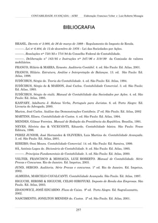 CONTABILIDADE AVANÇADA – AFRF         Elaboração: Francisco Velter e Luiz Roberto Missagia



                                   BIBLIOGRAFIA


BRASIL. Decreto no 3.000, de 26 de março de 1999 – Regulamento do Imposto de Renda.
———. Lei no 6.404, de 15 de dezembro de 1976 – Lei das Sociedades por Ações.
———. Resoluções nos 750/93 e 774/94 do Conselho Federal de Contabilidade.
———. Deliberação nº 183/95 e Instruções nos 247/96 e 319/99             da Comissão de valores
mobiliários.
FRANCO, Hilário & MARRA, Ernesto. Auditoria Contábil. 4. ed. São Paulo: Ed. Atlas, 2001.
FRANCO, Hilário. Estrutura, Análise e Interpretação de Balanços. 13. ed. São Paulo: Ed.
Atlas, 1998.
IUDÍCIBUS, Sérgio de. Teoria da Contabilidade. 4. ed. São Paulo: Ed. Atlas, 1994.
IUDÍCIBUS, Sérgio de & MARION, José Carlos. Contabilidade Comercial. 3. ed. São Paulo:
Ed. Atlas, 1993.
IUDÍCIBUS, Sérgio de etalü. Manual de Contabilidade das Sociedades por Ações. 4. ed. São
Paulo: Ed. Atlas, 1995.
KASPARY, Adalberto J. Habeas Verba, Português para Juristas. 6. ed. Porto Alegre: Ed.
Livraria do Advogado, 2000.
Marion, José Carlos. Análise das Demonstrações Contábeis. 2ª ed. São Paulo. Ed. Atlas, 2002
MARTINS, Eliseu. Contabilidade de Custos. 4. ed. São Paulo: Ed. Atlas, 1994.
MENDES, Gilmar Ferreira. Manual de Redação da Presidência da República. Brasília, 1991.
NEVES, Silvério das & VICECONTI, Eduardo. Contabilidade básica. São Paulo: Frase
Editora, 1996.
PEREZ JUNIOR, José Hernandez & OLIVEIRA, Luis Martins de. Contabilidade Avançada.
3. ed. São Paulo: Ed. Atlas, 2001.
RIBEIRO, Osni Moura. Contabilidade Comercial. 14. ed. São Paulo: Ed. Saraiva, 1999.
SÁ, Antônio Lopes de. Dicionário de Contabilidade. 9. ed. São Paulo: Ed. Atlas, 1995.
———. Princípios Fundamentais de Contabilidade. 3. ed. São Paulo: Ed. Atlas, 2000.
VELTER, FRANCISCO & MISSAGIA, LUIZ ROBERTO. Manual de Contabilidade. Série
Provas e Concursos. Rio de Janeiro. Ed. Impetus, 2003.
JUND, SERGIO. Auditoria. Série Provas e concursos. 1ª ed. Rio de Janeiro. Ed. Impetus,
2002.
ALMEIDA, MARCELO CAVALCANTI. Contabilidade Avançada. São Paulo. Ed. Atlas, 1997.
HIGUCHI, HIROMI & HIGUCHI, CELSO HIROYUKI. Imposto de Renda das Empresas. São
Paulo. Ed. Atlas, 2003.
ZDANOWICZ, JOSÉ EDUARDO. Fluxo de Caixa. 9ª ed. Porto Alegre. Ed. SagraLuzzatto,
2002.
NASCIMENTO, JONILTON MENDES do. Custos. 2ª ed. São Paulo. Ed. Atlas, 2001.


                                            257
 
