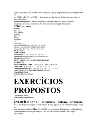 sobre o ativo total. No exemplo dado verifica-se que as disponibilidades correspondiam a
6%
em 20X1 e a 2,69% em 20X2, evidenciando um decréscimo do investimento total em
disponibilidades.
Análise Horizontal: A análise horizontal, também conhecida como análise de
tendências, evidencia a evolução dos itens das demonstrações financeiras.
ATIVO 20X1 Analise
Vertical
20X1 - %
20X2 Análise
Vertical
20X2 - %
Análise
Horizontal
-%
CIRCULANTE
Disponibilidades 163.634 6 107.224 2,69 - 34,47
Clientes 1.045.640 38,36 751.206 18,86 - 28,16
Estoques 751.206 27,56 1.039.435 26,09 38,37
R.L.P. 0 0 0 0 0
PERMANENTE
Investimentos 72.250 2,65 156.475 3,93 116,57
Imobilizado 693.448 25,44 1.517.508 38,09 118,84
Diferido 0 0 40.896 1,03
ATIVO TOTAL 2.726.178 100 3.984.050 100 46,14
PASSIVO
PASSIVO CIRCULANTE 1.340.957 49,19 1.406.077 35,29 4,86
PASSIVO E.L.P. 314.360 11,53 1.170.788 29,39 31,41
PATRIMÔNIO LÍQUIDO 1.070.861 39,28 1.407.185 35,32 31,41
PASSIVO TOTAL 2.726.178 100 3.984.050 100 46,14
Contabilidade Básica
Prof o Darci Schnorrenberger
40



EXERCÍCIOS
PROPOSTOS
Contabilidade Básica
Prof o Darci Schnorrenberger
41
EXERCÍCIO N.º 01 – Inventário – Balanço Patrimonial
A Cia dos Esportes compra e vende artigos de caça e pesca e está sediada num país ideal,
ou
seja, não existe inflação. Hoje, 31.03.2001, por solicitação da diretoria, é elaborado um
Inventário Geral de seu patrimônio e cada um dos itens levantados está a seguir
relacionado:
 