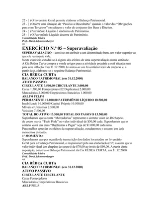 22 - ( ) O Inventário Geral permite elaborar o Balanço Patrimonial.
23 - ( ) Ocorre uma situação de “Passivo a Descoberto” quando o valor das “Obrigações
para com Terceiros” excederem o valor do conjunto dos Bens e Direitos.
24 - ( ) Patrimônio Líquido é sinônimo de Patrimônio.
25 - ( ) O Patrimônio Líquido decorre do Patrimônio.
Contabilidade Básica
Prof o Darci Schnorrenberger
48
EXERCÍCIO N.º 05 – Superavaliação
SUPERAVALIAÇÃO – consiste em atribuir a um determinado bem, um valor superior ao
que ele realmente vale.
Neste exercício estudar-se-á alguns dos efeitos de uma superavaliação numa entidade.
A Cia Rédea Curta compra e vende artigos para a atividade pecuária e está situada num
país sem inflação. Em 31.12.2000, levantou-se um Inventário Geral da empresa e, a
partir dele, elaborou-se o seguinte Balanço Patrimonial.
CIA RÉDEA CURTA
BALANÇO PATRIMONIAL (em 31.12.2000)
ATIVO PASSIVO
CIRCULANTE 3.500,00 CIRCULANTE 3.000,00
Caixa 1.500,00 Fornecedores (02 Duplicatas) 2.000,00
Mercadorias 2.000,00 Empréstimos Bancários 1.000,00
ARLP 0 PELP 0
PERMANENTE 10.000,00 PATRIMÔNIO LÍQUIDO 10.500,00
Imobilizado 10.000,00 Capital Próprio 10.500,00
Móveis e Utensílios 2.500,00
Veículos 7.500,00
TOTAL DO ATIVO 13.500,00 TOTAL DO PASSIVO 13.500,00
Suponhamos que a conta “Mercadorias” represente o correto valor de 40 chapéus
de couro marca “Tudo Pode” no valor individual de $50,00 cada. Suponhamos que o
correto valor das duas “Duplicatas a Pagar” seja de $1.000,00 cada uma.
Para melhor apreciar os efeitos da superavaliação, estudaremos o assunto em dois
momentos distintos.
1º MOMENTO
Suponhamos que por ocasião da transcrição dos dados levantados no Inventário
Geral para o Balanço Patrimonial, o responsável pela sua elaboração (BP) assuma que o
valor individual dos chapéus de couro é de $70,00 ao invés de $50,00. A partir desta
suposição, construa o Balanço Patrimonial da Cia RÉDEA CURTA, em 31.12.2000.
Contabilidade Básica
Prof o Darci Schnorrenberger
49
CIA RÉDEA CURTA
BALANÇO PATRIMONIAL (em 31.12.2000)
ATIVO PASSIVO
CIRCULANTE CIRCULANTE
Caixa Fornecedores
Mercadorias Empréstimos Bancários
ARLP PELP
 