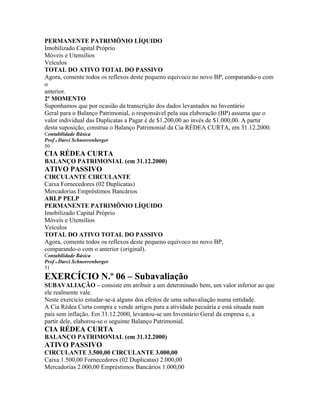 PERMANENTE PATRIMÔNIO LÍQUIDO
Imobilizado Capital Próprio
Móveis e Utensílios
Veículos
TOTAL DO ATIVO TOTAL DO PASSIVO
Agora, comente todos os reflexos deste pequeno equívoco no novo BP, comparando-o com
o
anterior.
2º MOMENTO
Suponhamos que por ocasião da transcrição dos dados levantados no Inventário
Geral para o Balanço Patrimonial, o responsável pela sua elaboração (BP) assuma que o
valor individual das Duplicatas a Pagar é de $1.200,00 ao invés de $1.000,00. A partir
desta suposição, construa o Balanço Patrimonial da Cia RÉDEA CURTA, em 31.12.2000.
Contabilidade Básica
Prof o Darci Schnorrenberger
50
CIA RÉDEA CURTA
BALANÇO PATRIMONIAL (em 31.12.2000)
ATIVO PASSIVO
CIRCULANTE CIRCULANTE
Caixa Fornecedores (02 Duplicatas)
Mercadorias Empréstimos Bancários
ARLP PELP
PERMANENTE PATRIMÔNIO LÍQUIDO
Imobilizado Capital Próprio
Móveis e Utensílios
Veículos
TOTAL DO ATIVO TOTAL DO PASSIVO
Agora, comente todos os reflexos deste pequeno equívoco no novo BP,
comparando-o com o anterior (original).
Contabilidade Básica
Prof o Darci Schnorrenberger
51
EXERCÍCIO N.º 06 – Subavaliação
SUBAVALIAÇÃO – consiste em atribuir a um determinado bem, um valor inferior ao que
ele realmente vale.
Neste exercício estudar-se-á alguns dos efeitos de uma subavaliação numa entidade.
A Cia Rédea Curta compra e vende artigos para a atividade pecuária e está situada num
país sem inflação. Em 31.12.2000, levantou-se um Inventário Geral da empresa e, a
partir dele, elaborou-se o seguinte Balanço Patrimonial.
CIA RÉDEA CURTA
BALANÇO PATRIMONIAL (em 31.12.2000)
ATIVO PASSIVO
CIRCULANTE 3.500,00 CIRCULANTE 3.000,00
Caixa 1.500,00 Fornecedores (02 Duplicatas) 2.000,00
Mercadorias 2.000,00 Empréstimos Bancários 1.000,00
 