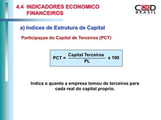 4.4 INDICADORES ECONOMICO
    FINANCEIROS

 a) Indices de Estrutura de Capital
 Participaçao do Capital de Terceiros (PCT)


                       Capital Terceiros
               PCT =                     x 100
                               PL



     Indica o quanto a empresa tomou de terceiros para
                cada real do capital proprio.
 