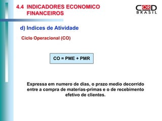 4.4 INDICADORES ECONOMICO
    FINANCEIROS

 d) Indices de Atividade
 Ciclo Operacional (CO)



               CO = PME + PMR




   Expressa em numero de dias, o prazo medio decorrido
   entre a compra de materias-primas e o de recebimento
                    efetivo de clientes.
 