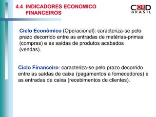 4.4 INDICADORES ECONOMICO
    FINANCEIROS


 Ciclo Econômico (Operacional): caracteriza-se pelo
 prazo decorrido entre as entradas de matérias-primas
 (compras) e as saídas de produtos acabados
 (vendas).


Ciclo Financeiro: caracteriza-se pelo prazo decorrido
entre as saídas de caixa (pagamentos a fornecedores) e
as entradas de caixa (recebimentos de clientes).
 