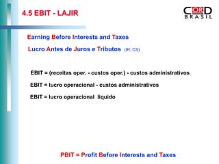 4.5 EBIT - LAJIR


 Earning Before Interests and Taxes
 Lucro Antes de Juros e Tributos       (IR, CS)




  EBIT = (receitas oper. - custos oper.) - custos administrativos

  EBIT = lucro operacional - custos administrativos

  EBIT = lucro operacional liquido




             PBIT = Profit Before Interests and Taxes
 