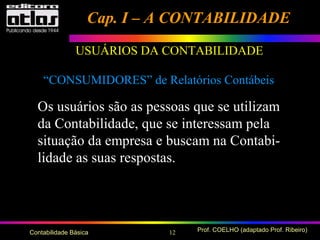 12 Prof. COELHO (adaptado Prof. Ribeiro)Contabilidade Básica
USUÁRIOS DA CONTABILIDADE
Os usuários são as pessoas que se utilizam
da Contabilidade, que se interessam pela
situação da empresa e buscam na Contabi-
lidade as suas respostas.
“CONSUMIDORES” de Relatórios Contábeis
Cap. I – A CONTABILIDADECap. I – A CONTABILIDADE
 