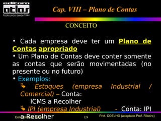 124 Prof. COELHO (adaptado Prof. Ribeiro)Contabilidade Básica
• Cada empresa deve ter um Plano de
Contas apropriado
• Um Plano de Contas deve conter somente
as contas que serão movimentadas (no
presente ou no futuro)
• Exemplos:
 Estoques (empresa Industrial /
Comercial) – Conta:
ICMS a Recolher
 IPI (empresa Industrial) - Conta: IPI
a Recolher
Cap. VIII – Plano de ContasCap. VIII – Plano de Contas
CONCEITO
 