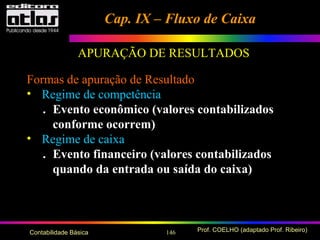 146 Prof. COELHO (adaptado Prof. Ribeiro)Contabilidade Básica
Formas de apuração de Resultado
• Regime de competência
. Evento econômico (valores contabilizados
conforme ocorrem)
• Regime de caixa
. Evento financeiro (valores contabilizados
quando da entrada ou saída do caixa)
APURAÇÃO DE RESULTADOSAPURAÇÃO DE RESULTADOS
Cap. IX – Fluxo de CaixaCap. IX – Fluxo de Caixa
 