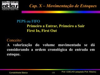 153 Prof. COELHO (adaptado Prof. Ribeiro)Contabilidade Básica
Cap. X – Movimentação de EstoquesCap. X – Movimentação de Estoques
PEPS ou FIFO
Primeiro a Entrar, Primeiro a Sair
First In, First Out
Conceito:
A valorização do volume movimentado se dá
considerando a ordem cronológica de entrada em
estoque.
 