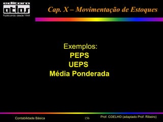 156 Prof. COELHO (adaptado Prof. Ribeiro)Contabilidade Básica
Exemplos:
PEPS
UEPS
Média Ponderada
Cap. X – Movimentação de EstoquesCap. X – Movimentação de Estoques
 