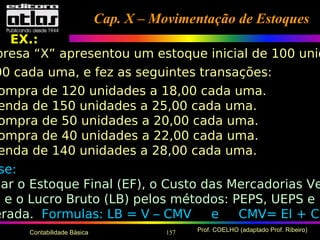 157 Prof. COELHO (adaptado Prof. Ribeiro)Contabilidade Básica
Cap. X – Movimentação de EstoquesCap. X – Movimentação de Estoques
presa “X” apresentou um estoque inicial de 100 unid
00 cada uma, e fez as seguintes transações:
ompra de 120 unidades a 18,00 cada uma.
enda de 150 unidades a 25,00 cada uma.
ompra de 50 unidades a 20,00 cada uma.
ompra de 40 unidades a 22,00 cada uma.
enda de 140 unidades a 28,00 cada uma.
se:
lar o Estoque Final (EF), o Custo das Mercadorias Ve
) e o Lucro Bruto (LB) pelos métodos: PEPS, UEPS e M
erada. Formulas: LB = V – CMV e CMV= EI + C
EX.:
 
