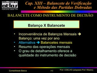 192 Prof. COELHO (adaptado Prof. Ribeiro)Contabilidade Básica
• Inconveniência de Balanços Mensais 
Balanço: uma vez por ano
• Alternativa  Balancetes mensais
• Resumo das operações mensais
• O grau de detalhamento oferece a
qualidade do instrumento de decisão
BALANCETE COMO INSTRUMENTO DE DECISÃO
Balanço X Balancete
Cap. XIII – Balancete de VerificaçãoCap. XIII – Balancete de Verificação
e Método das Partidas Dobradase Método das Partidas Dobradas
 