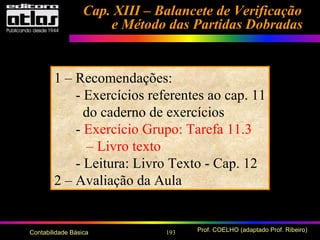 193 Prof. COELHO (adaptado Prof. Ribeiro)Contabilidade Básica
Cap. XIII – Balancete de VerificaçãoCap. XIII – Balancete de Verificação
e Método das Partidas Dobradase Método das Partidas Dobradas
1 – Recomendações:
- Exercícios referentes ao cap. 11
do caderno de exercícios
- Exercício Grupo: Tarefa 11.3
– Livro texto
- Leitura: Livro Texto - Cap. 12
2 – Avaliação da Aula
 