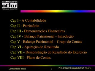 2 Prof. COELHO (adaptado Prof. Ribeiro)Contabilidade Básica
Cap I - A Contabilidade
Cap II - Patrimônio
Cap III - Demonstrações Financeiras
Cap IV - Balanço Patrimonial - Introdução
Cap V - Balanço Patrimonial – Grupo de Contas
Cap VI - Apuração do Resultado
Cap VII - Demonstração do Resultado do Exercício
Cap VIII - Plano de Contas
 