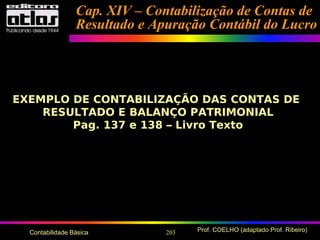 203 Prof. COELHO (adaptado Prof. Ribeiro)Contabilidade Básica
Cap. XIV – Contabilização de Contas deCap. XIV – Contabilização de Contas de
Resultado e Apuração Contábil do LucroResultado e Apuração Contábil do Lucro
EXEMPLO DE CONTABILIZAÇÃO DAS CONTAS DE
RESULTADO E BALANÇO PATRIMONIAL
Pag. 137 e 138 – Livro Texto
 