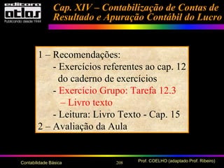 208 Prof. COELHO (adaptado Prof. Ribeiro)Contabilidade Básica
Cap. XIV – Contabilização de Contas deCap. XIV – Contabilização de Contas de
Resultado e Apuração Contábil do LucroResultado e Apuração Contábil do Lucro
1 – Recomendações:
- Exercícios referentes ao cap. 12
do caderno de exercícios
- Exercício Grupo: Tarefa 12.3
– Livro texto
- Leitura: Livro Texto - Cap. 15
2 – Avaliação da Aula
 