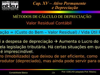 226 Prof. COELHO (adaptado Prof. Ribeiro)Contabilidade Básica
Cap. XV – Ativo PermanenteCap. XV – Ativo Permanente
e Depreciaçãoe Depreciação
MÉTODOS DE CÁLCULO DE DEPRECIAÇÃO
Valor Residual Contábil
ação = (Custo do Bem – Valor Residual) / Vida Útil P
i a despesa de depreciação  Aumenta o Lucro do p
ela legislação tributária. Há certas situações em que
é imprescindível.
ro (Imobilizado) que deixou de ser eficiente, como
produtor (depreciado), mas ainda pode servir para o
 