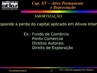 227 Prof. COELHO (adaptado Prof. Ribeiro)Contabilidade Básica
Cap. XV – Ativo PermanenteCap. XV – Ativo Permanente
e Depreciaçãoe Depreciação
AMORTIZAÇÃO
esponde a perda do capital aplicado em Ativos Intan
Ex.: Fundo de Comércio
Ponto Comercial
Direitos Autorais
Direito de Exploração
 