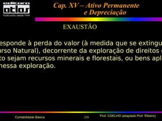 228 Prof. COELHO (adaptado Prof. Ribeiro)Contabilidade Básica
Cap. XV – Ativo PermanenteCap. XV – Ativo Permanente
e Depreciaçãoe Depreciação
EXAUSTÃO
esponde à perda do valor (à medida que se extingu
urso Natural), decorrente da exploração de direitos c
to sejam recursos minerais e florestais, ou bens apli
nessa exploração.
 