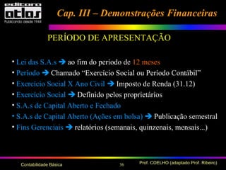 36 Prof. COELHO (adaptado Prof. Ribeiro)Contabilidade Básica
Cap. III – Demonstrações FinanceirasCap. III – Demonstrações Financeiras
PERÍODO DE APRESENTAÇÃO
• Lei das S.A.s  ao fim do período de 12 meses
• Período  Chamado “Exercício Social ou Período Contábil”
• Exercício Social X Ano Civil  Imposto de Renda (31.12)
• Exercício Social  Definido pelos proprietários
• S.A.s de Capital Aberto e Fechado
• S.A.s de Capital Aberto (Ações em bolsa)  Publicação semestral
• Fins Gerenciais  relatórios (semanais, quinzenais, mensais...)
 