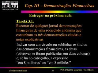 39 Prof. COELHO (adaptado Prof. Ribeiro)Contabilidade Básica
Cap. III – Demonstrações FinanceirasCap. III – Demonstrações Financeiras
Entregar na próxima aula
Tarefa 3.1.
Recortar de qualquer jornal demonstrações
financeiras de uma sociedade anônima que
contenham as três demonstrações citadas e
notas explicativas
Indicar com um círculo ou sublinhar os títulos
das demonstrações financeiras, as datas
(observar se foram publicadas em duas colunas)
e, se há no cabeçalho, a expressão
“em $ milhares” ou “em $ milhões”
 