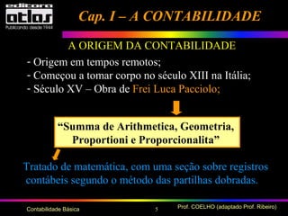 5 Prof. COELHO (adaptado Prof. Ribeiro)Contabilidade Básica
- Origem em tempos remotos;
- Começou a tomar corpo no século XIII na Itália;
- Século XV – Obra de Frei Luca Pacciolo;
Tratado de matemática, com uma seção sobre registros
contábeis segundo o método das partilhas dobradas.
A ORIGEM DA CONTABILIDADE
“Summa de Arithmetica, Geometria,
Proportioni e Proporcionalita”
Cap. I – A CONTABILIDADECap. I – A CONTABILIDADE
 