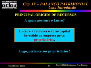 58 Prof. COELHO (adaptado Prof. Ribeiro)Contabilidade Básica
Cap. IV – BALANÇO PATRIMONIALCap. IV – BALANÇO PATRIMONIAL
Uma IntroduçãoUma Introdução
PRINCIPAL ORIGEM DE RECURSOS
Lucro é a remuneração ao capital
investido na empresa pelos
proprietários.
A quem pertence o Lucro?
Logo, pertence aos proprietários !
 