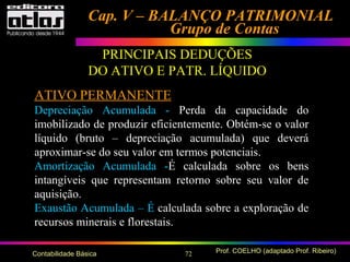 72 Prof. COELHO (adaptado Prof. Ribeiro)Contabilidade Básica
Cap. V – BALANÇO PATRIMONIALCap. V – BALANÇO PATRIMONIAL
Grupo de ContasGrupo de Contas
PRINCIPAIS DEDUÇÕES
DO ATIVO E PATR. LÍQUIDO
ATIVO PERMANENTE
Depreciação Acumulada - Perda da capacidade do
imobilizado de produzir eficientemente. Obtém-se o valor
líquido (bruto – depreciação acumulada) que deverá
aproximar-se do seu valor em termos potenciais.
Amortização Acumulada -É calculada sobre os bens
intangíveis que representam retorno sobre seu valor de
aquisição.
Exaustão Acumulada – É calculada sobre a exploração de
recursos minerais e florestais.
 