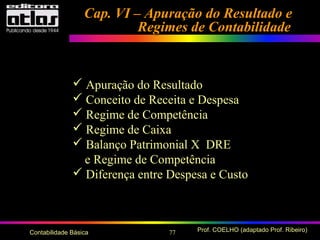 77 Prof. COELHO (adaptado Prof. Ribeiro)Contabilidade Básica
Cap. VI – Apuração do Resultado eCap. VI – Apuração do Resultado e
Regimes de ContabilidadeRegimes de Contabilidade
 Apuração do Resultado
 Conceito de Receita e Despesa
 Regime de Competência
 Regime de Caixa
 Balanço Patrimonial X DRE
e Regime de Competência
 Diferença entre Despesa e Custo
 