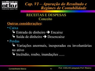 81 Prof. COELHO (adaptado Prof. Ribeiro)Contabilidade Básica
Outras considerações:
• Caixa
 Entrada de dinheiro  Encaixe
 Saída de dinheiro  Desencaixe
• Perdas
 Variações anormais, inesperadas ou involuntárias
no ativo
 Incêndio, roubo, inundações ......
Cap. VI – Apuração do Resultado eCap. VI – Apuração do Resultado e
Regimes de ContabilidadeRegimes de Contabilidade
RECEITAS E DESPESAS
Conceito
 