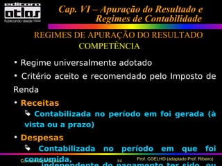 84 Prof. COELHO (adaptado Prof. Ribeiro)Contabilidade Básica
Cap. VI – Apuração do Resultado eCap. VI – Apuração do Resultado e
Regimes de ContabilidadeRegimes de Contabilidade
REGIMES DE APURAÇÃO DO RESULTADO
COMPETÊNCIA
• Regime universalmente adotado
• Critério aceito e recomendado pelo Imposto de
Renda
• Receitas
 Contabilizada no período em foi gerada (à
vista ou a prazo)
• Despesas
 Contabilizada no período em que foi
consumida,
 