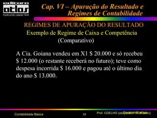 88 Prof. COELHO (adaptado Prof. Ribeiro)Contabilidade Básica Fonte: Marion
REGIMES DE APURAÇÃO DO RESULTADO
Cap. VI – Apuração do Resultado eCap. VI – Apuração do Resultado e
Regimes de ContabilidadeRegimes de Contabilidade
Exemplo de Regime de Caixa e Competência
(Comparativo)
A Cia. Goiana vendeu em X1 $ 20.000 e só recebeu
$ 12.000 (o restante receberá no futuro); teve como
despesa incorrida $ 16.000 e pagou até o último dia
do ano $ 13.000.
 