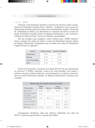 6                                           Contabilidade   básiCa: fundamentos essenCiais




           1.3.1.4            dMpl
                Fornecer a movimentação durante o exercício nas diversas contas compo-
           nentes do Patrimônio Líquido (bens + direitos – obrigações) e suas causas em
           determinado período (exercício social). Essa demonstração amplia o horizonte
           de visibilidade da DLPA, por demonstrar as variações de todas as contas do
           grupo Patrimônio Líquido, dentro do Balanço Patrimonial, e não somente a
           variação do saldo da conta “Lucros ou Prejuízos Acumulados”.
                Em um exemplo mais completo, vamos verificar que a DMPL demons-
           trará a variação dos saldos de todas as contas do Patrimônio Líquido, dentro
           do Balanço Patrimonial. Imaginemos que os saldos das contas do Patrimônio
           Líquido fossem os seguintes:


                                          CONTA               SALDO ATUAL                     SALDO ANTERIOR
                                  Capital Social                        $ 240                            $ 200
                                  Reservas                              $ 140                            $ 150
                                  Lucros Acumulados                     $ 130                            $ 100
                                  Total                                 $ 510                            $ 450


               Como foi promovido o aumento do Capital Social? Por que diminuíram
           as reservas? A DMPL responde. Trata-se de uma planilha, com linhas e
           colunas, em que as linhas explicam a movimentação e as colunas correspon-
           dem às contas Patrimônio Líquido, no Balanço Patrimonial. Teríamos, por
           exemplo:


                                            Demonstração das mutações do Patrimônio Líquido
                                                         Capital                                  Lucros
                              Movimentação               Social             Reservas            Acumulados       Total
                              Saldo anterior              $ 200                $ 150                   $ 100     $ 450
                              Aumento de capital
                                                           $ 30                                                  $ 30
                              em dinheiro
                              Aumento de capital
                                                           $ 10               ($ 10)                               0
                              com reservas
                              Lucro do exercício                                                       $ 50      $ 50
                              Dividendos distrib.                                                      ($ 20)    ($ 20)
                              Saldo atual                 $ 240                $ 140                   $ 130     $ 510


              Conseguimos identificar, além dos motivos conhecidos por meio da
           DLPA, os motivos que levaram à variação dos saldos:




Contabilidade basica.indb 6                                                                                               14.07.09 16:59:11
 