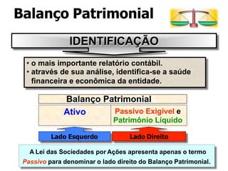 • o mais importante relatório contábil.
• através de sua análise, identifica-se a saúde
financeira e econômica da entidade.
Balanço Patrimonial
Ativo Passivo Exigível e
Patrimônio Líquido
A Lei das Sociedades por Ações apresenta apenas o termo
Passivo para denominar o lado direito do Balanço Patrimonial.
IDENTIFICAÇÃO
Lado Esquerdo Lado Direito
Balanço Patrimonial
 