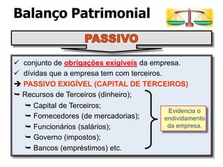  conjunto de obrigações exigíveis da empresa.
 dívidas que a empresa tem com terceiros.
 PASSIVO EXIGÍVEL (CAPITAL DE TERCEIROS)
⮩ Recursos de Terceiros (dinheiro);
⮩ Capital de Terceiros;
⮩ Fornecedores (de mercadorias);
⮩ Funcionários (salários);
⮩ Governo (impostos);
⮩ Bancos (empréstimos) etc.
Evidencia o
endividamento
da empresa.
Balanço Patrimonial
 