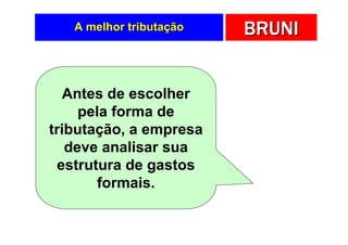 A melhor tributação   BRUNI


   Antes de escolher
     pela forma de
tributação, a empresa
   deve analisar sua
 estrutura de gastos
        formais.
 
