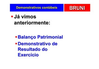 Demonstrativos contábeis   BRUNI
Já vimos
anteriormente:

 Balanço Patrimonial
 Demonstrativo de
 Resultado do
 Exercício
 